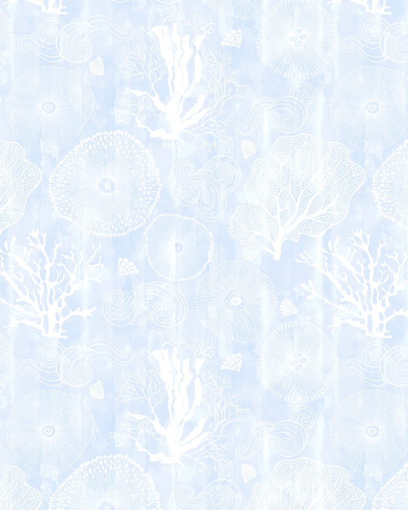Coastal Coral in Ice Blue Wallpaper from Olive et Oriel where you can shop wallpaper and artworks online