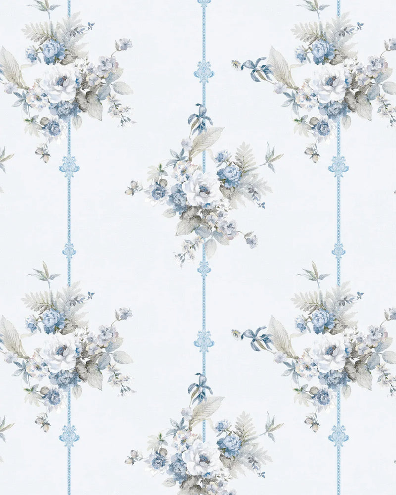 Country Floral Stripes in Blue Wallpaper from Olive et Oriel where you can shop wallpaper and artworks online
