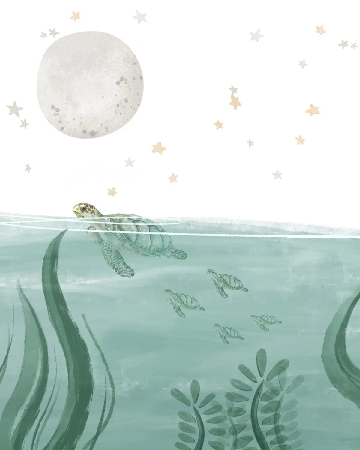 Peel and stick wallpaper featuring a hand-painted underwater scene with a large sea turtle swimming near the surface, accompanied by five smaller sea turtles below. The water is a soft teal-green with visible brushstroke texture, and dark green seaweed plants are visible on either side of the frame. Above the water, a large, textured full moon in pale grey and white is visible against a white background, surrounded by scattered light grey and pale yellow stars.