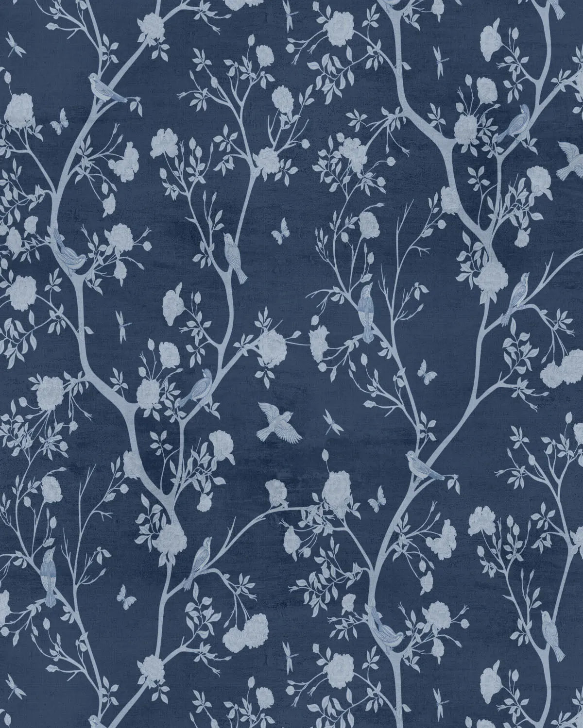 Bird Song Navy Blue Wallpaper from Olive et Oriel where you can shop wallpaper and artworks online