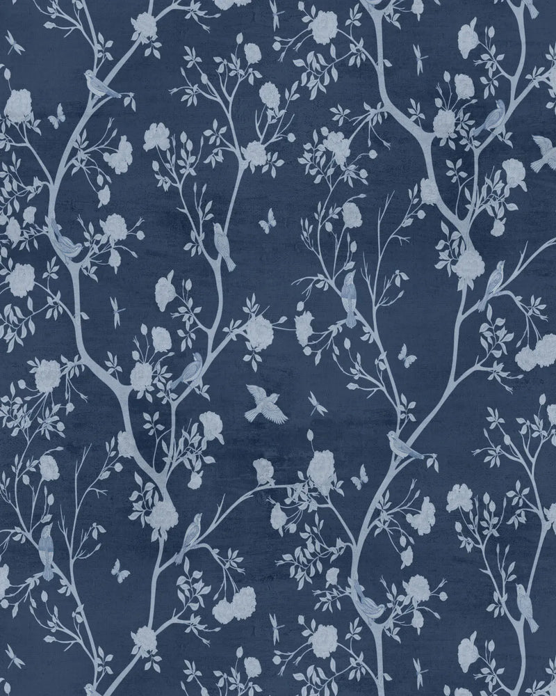 Bird Song Navy Blue Wallpaper from Olive et Oriel where you can shop wallpaper and artworks online