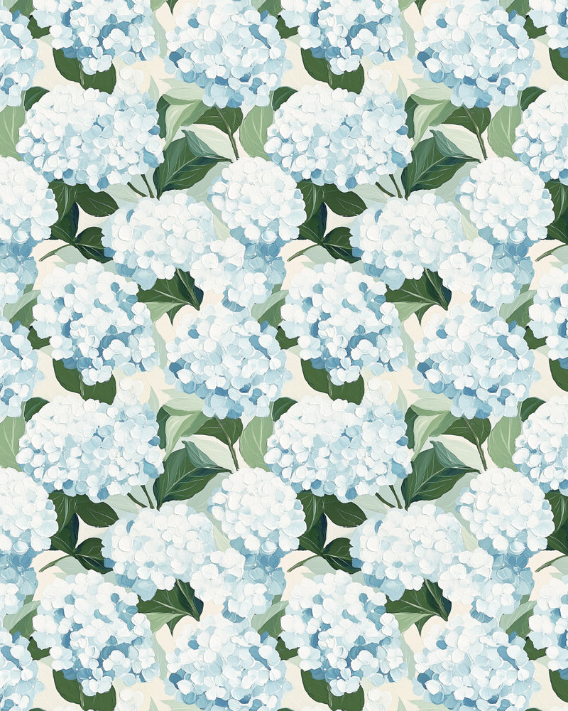 Painterly Hydrangeas in Hamptons Blue Wallpaper from Olive et Oriel where you can shop wallpaper and artworks online