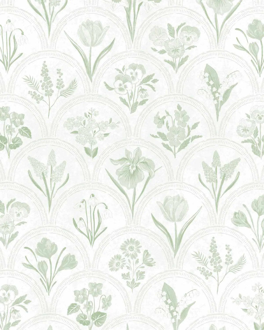 Arch Blooms Sage Green Wallpaper from Olive et Oriel where you can shop wallpaper and artworks online