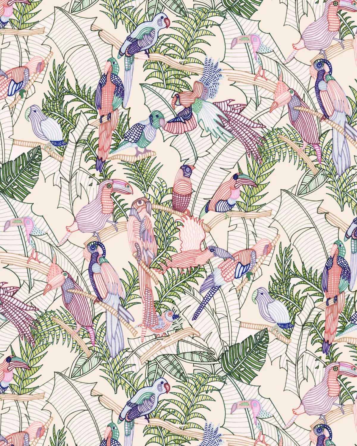 Tropical Colourful Birds Wallpaper from Olive et Oriel where you can shop wallpaper and artworks online