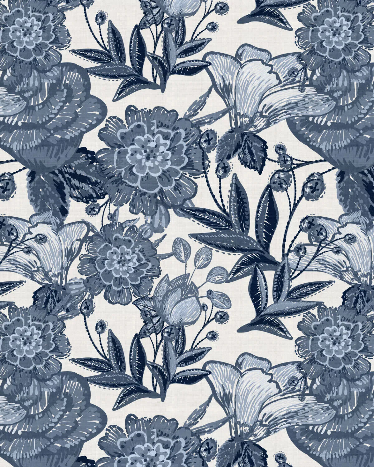 Sketched Royal Florals Navy Blue Wallpaper from Olive et Oriel where you can shop wallpaper and artworks online