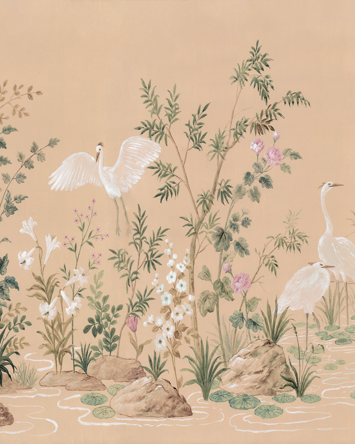 Chinoiserie Garden Panoramic Painted Mural Wallpaper