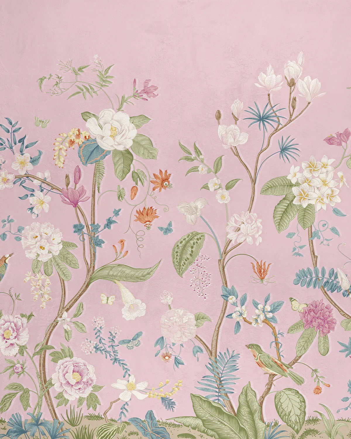 Vibrant Chinoiserie in Pink Wallpaper from Olive et Oriel where you can shop wallpaper and artworks online