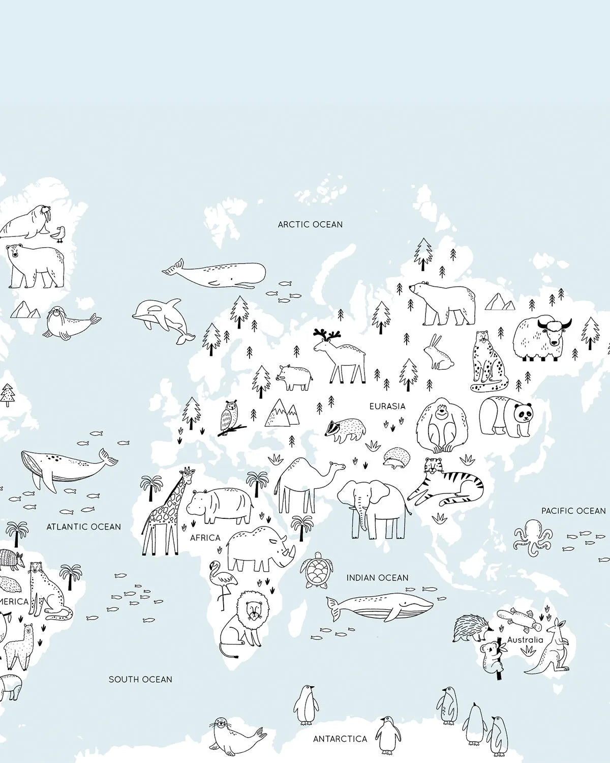 Animal Map Soft Blue Wallpaper Mural from Olive et Oriel where you can shop wallpaper and artworks online