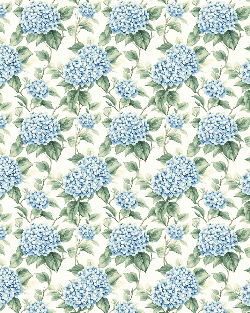 Hydrangea Cottage Flower in Light Blue Wallpaper from Olive et Oriel where you can shop wallpaper and artworks online