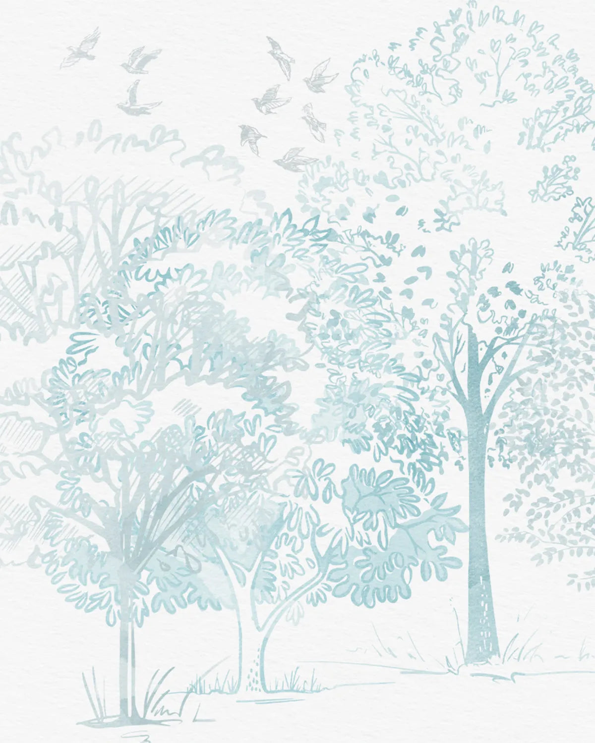 Watercolour Trees in Soft Blue Wallpaper Mural from Olive et Oriel where you can shop wallpaper and artworks online