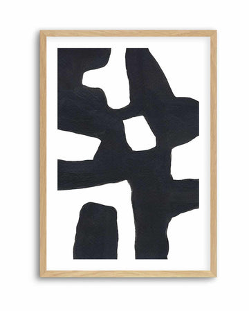 Bold black abstract interlocking shapes on white, in a natural wood frame with white border