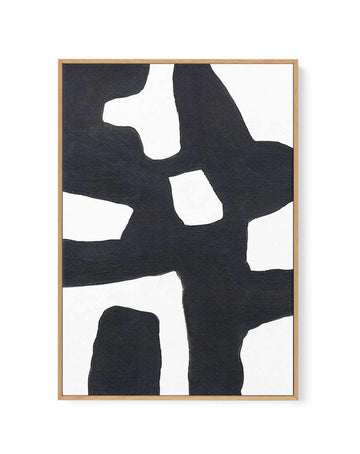 Bold black abstract interlocking shapes on white, on canvas in a natural wood frame