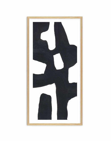 Bold black abstract shapes with organic cutout forms on white, with white border, in a natural wood frame