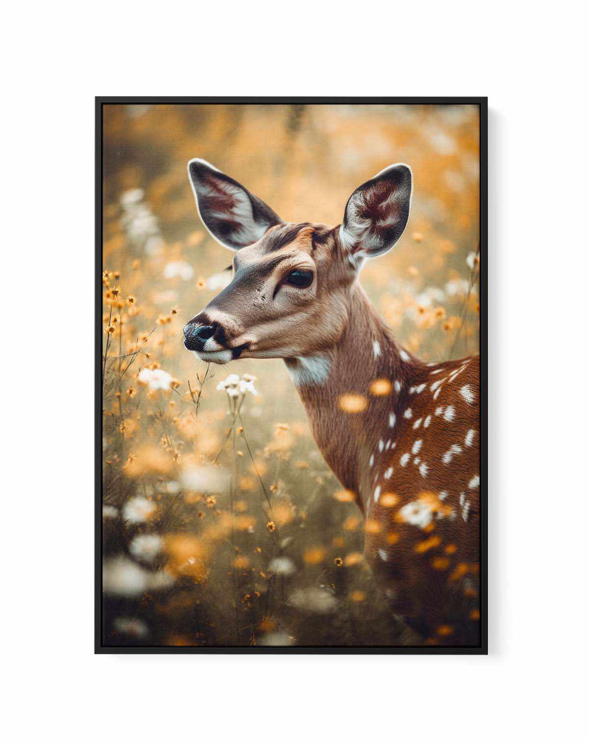 Deer In Flower Field by Treechild | Framed Canvas Art Print