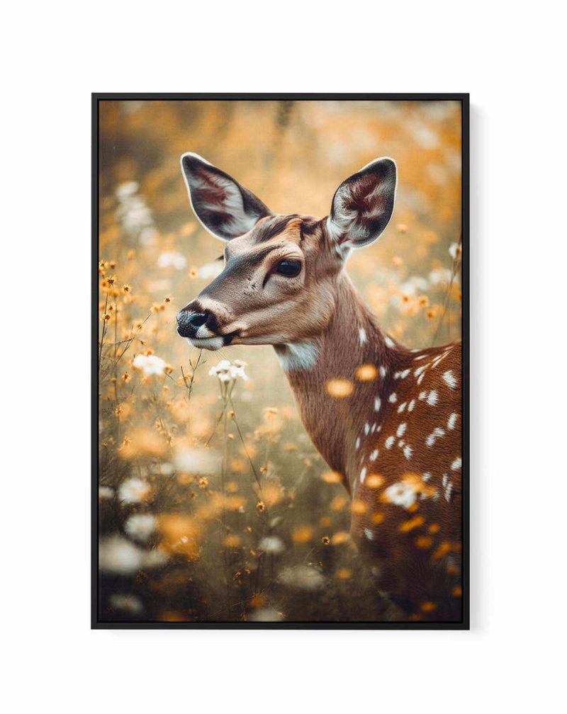 Deer In Flower Field by Treechild | Framed Canvas Art Print