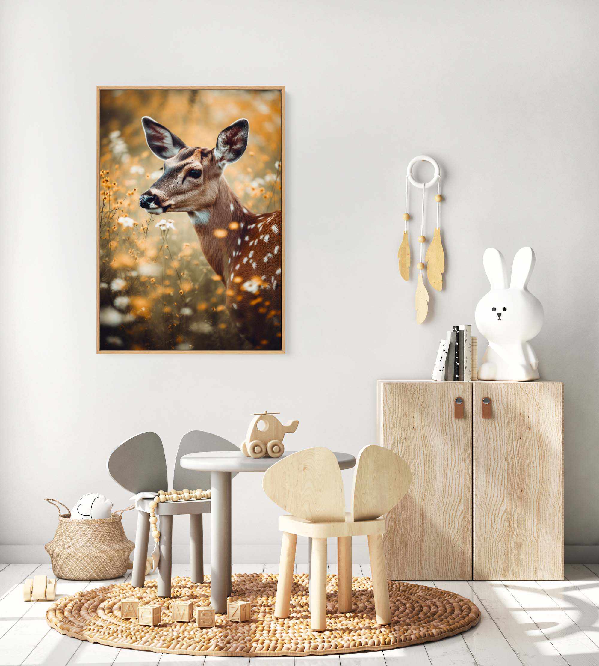 Deer In Flower Field by Treechild | Framed Canvas Art Print