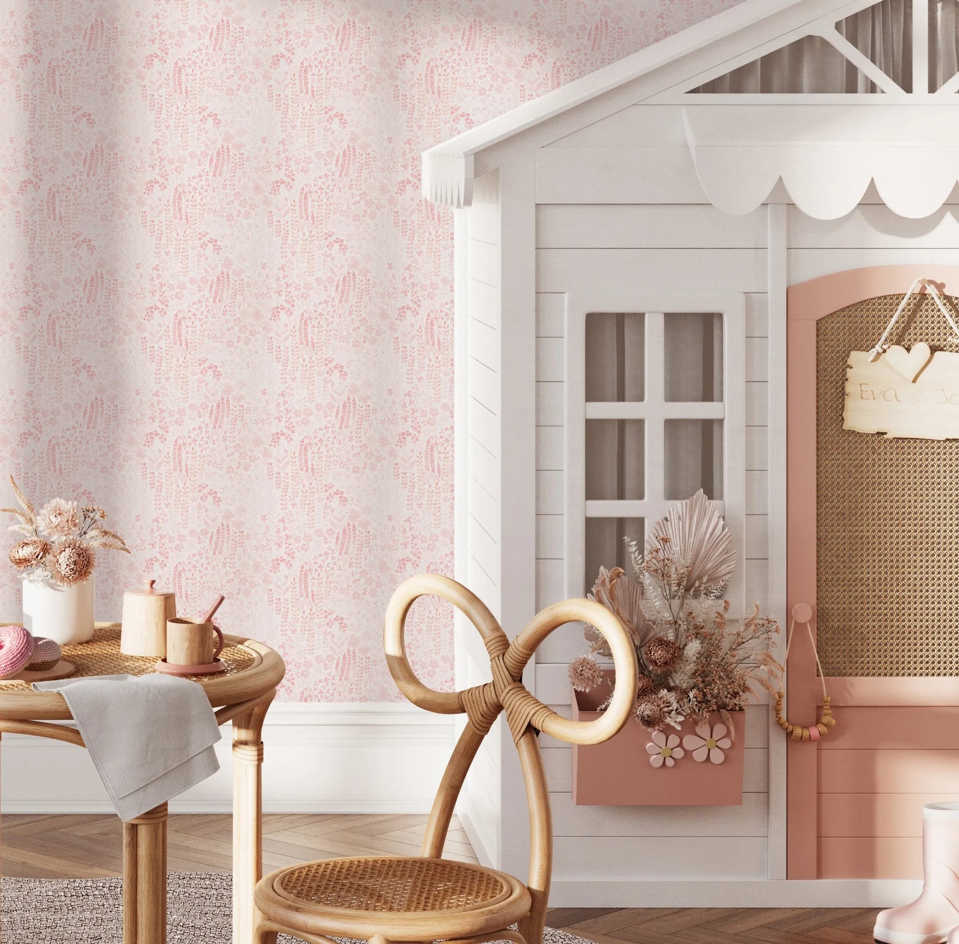 Petite Watercolour Flowers in Soft Pink Wallpaper from Olive et Oriel where you can shop wallpaper and artworks online