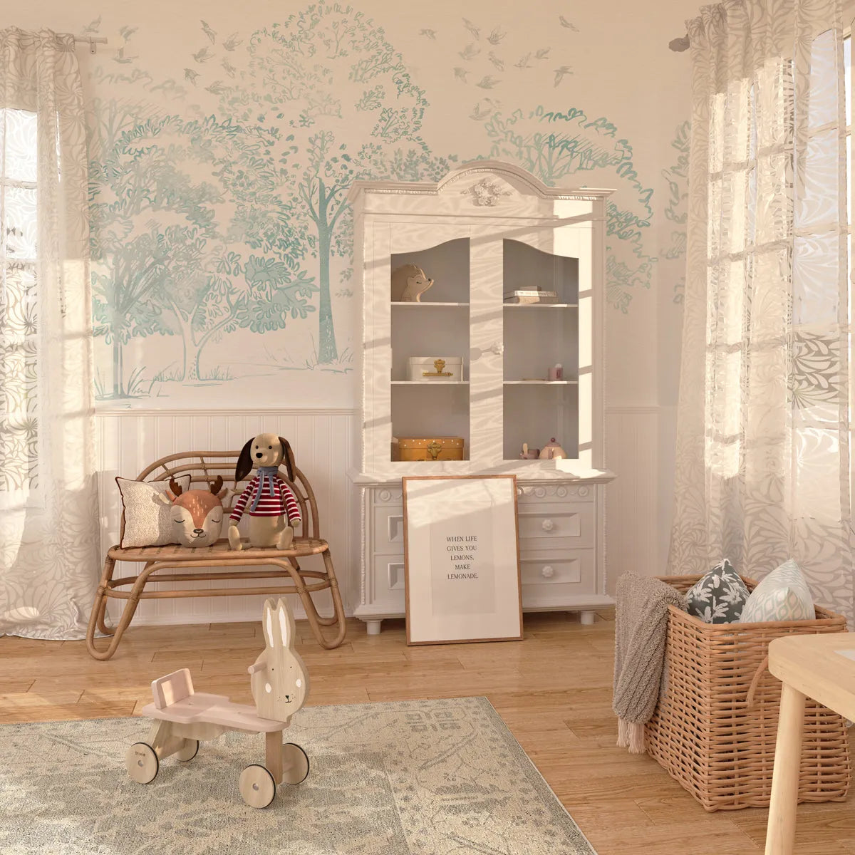 Watercolour Trees in Soft Blue Wallpaper Mural from Olive et Oriel where you can shop wallpaper and artworks online