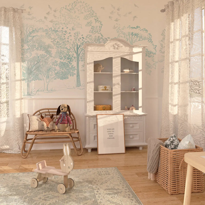 Watercolour Trees in Soft Blue Wallpaper Mural from Olive et Oriel where you can shop wallpaper and artworks online