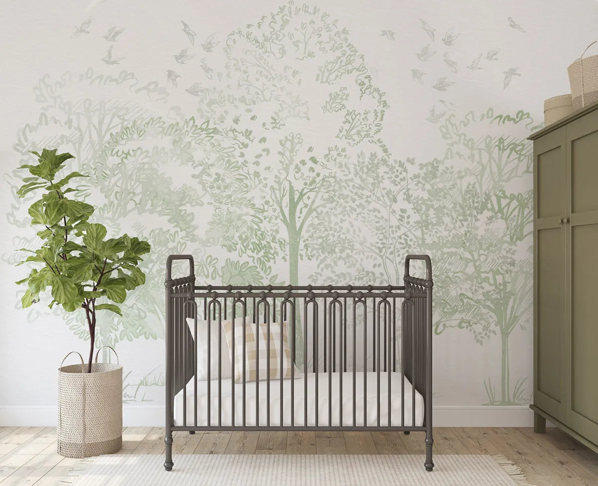 Watercolour Trees in Sage Green Wallpaper Mural from Olive et Oriel where you can shop wallpaper and artworks online