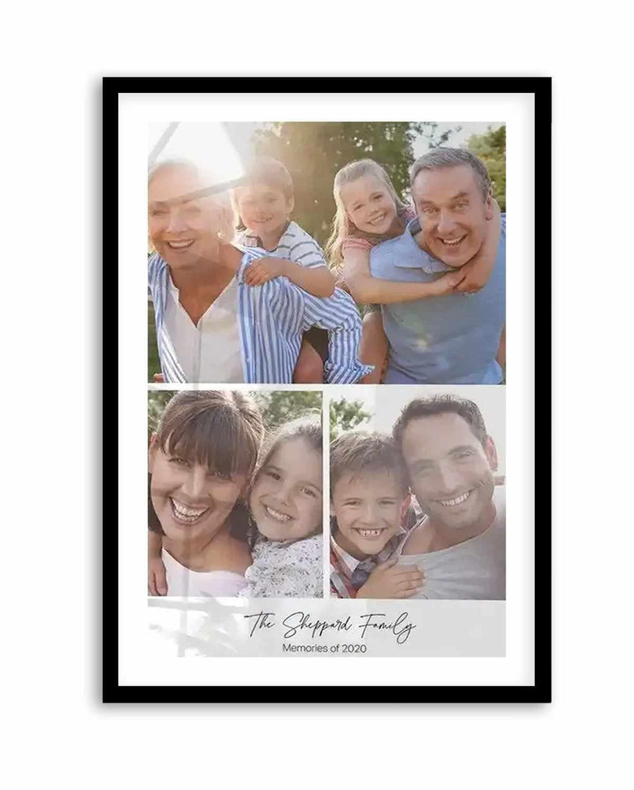 Framed art print featuring three family photographs arranged in a collage layout against a white background. Top image shows four people outdoors in sunlight wearing blue and white striped clothing. Bottom left photo displays two smiling people in close-up. Bottom right shows two more people smiling at camera. Handwritten script text reads "The Sheppard Family" with "Memories of 2020" beneath. Black wooden frame with white border surrounding the entire composition.
