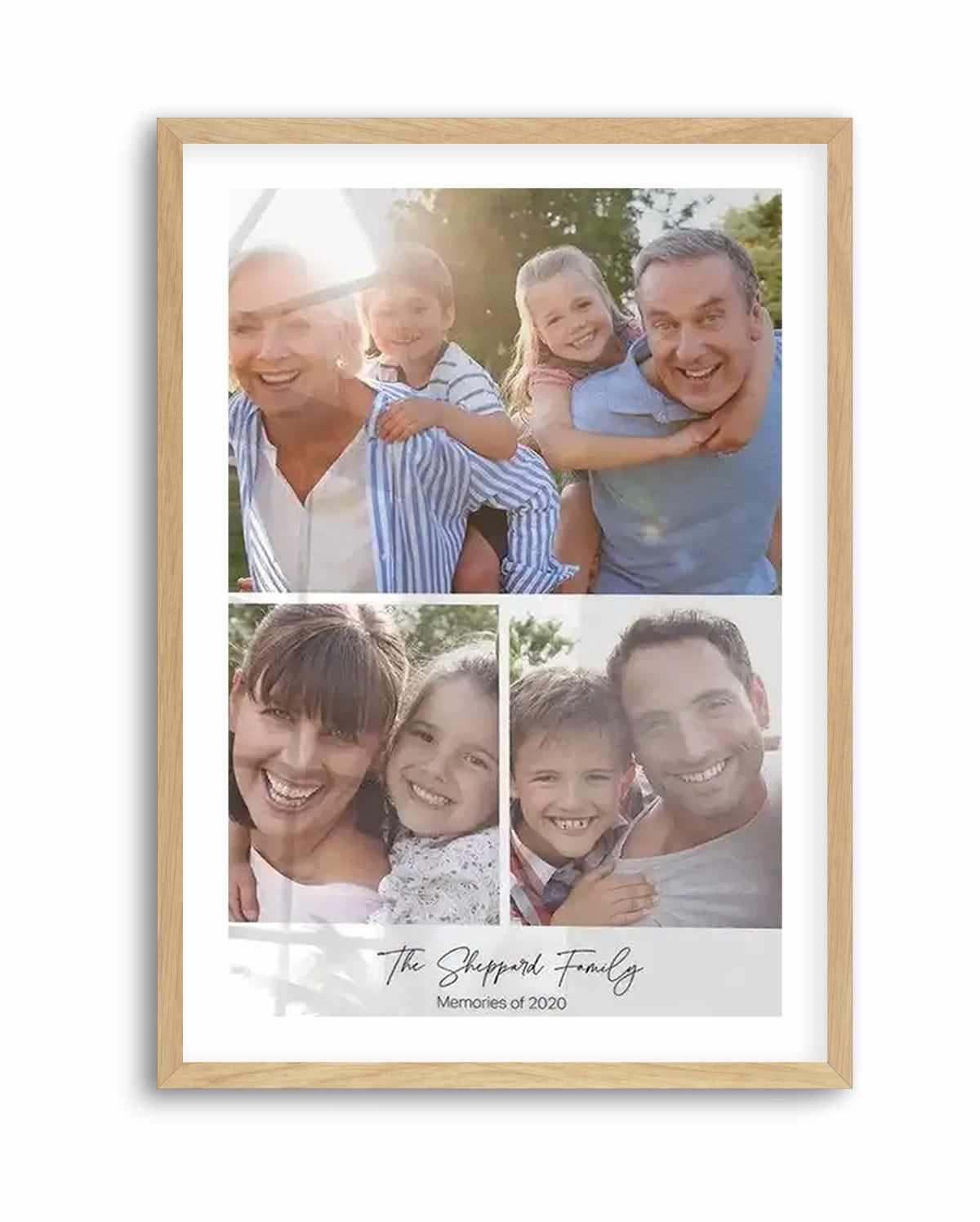 Framed photography art print featuring a collage of four family photos, displayed in a natural oak frame with white border. The top left photo shows a smiling older woman giving a piggyback ride to a young boy. The top right photo shows a smiling man giving a piggyback ride to a young girl. The bottom left photo shows a smiling woman embracing a young girl. The bottom right photo shows a smiling man embracing a young boy. Below the photos, text reads "The Sheppard Family" and "Memories of 2020".