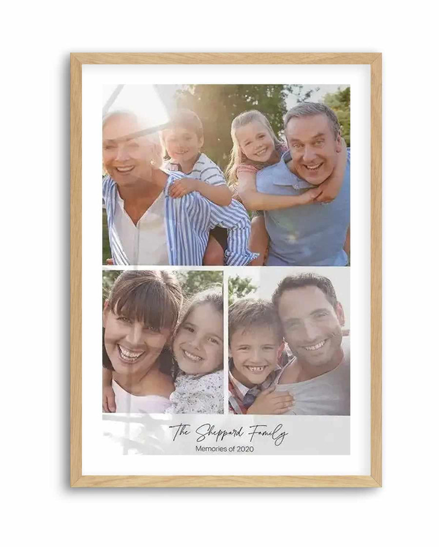 Framed photography art print featuring a collage of four family photos, displayed in a natural oak frame with white border. The top left photo shows a smiling older woman giving a piggyback ride to a young boy. The top right photo shows a smiling man giving a piggyback ride to a young girl. The bottom left photo shows a smiling woman embracing a young girl. The bottom right photo shows a smiling man embracing a young boy. Below the photos, text reads "The Sheppard Family" and "Memories of 2020".