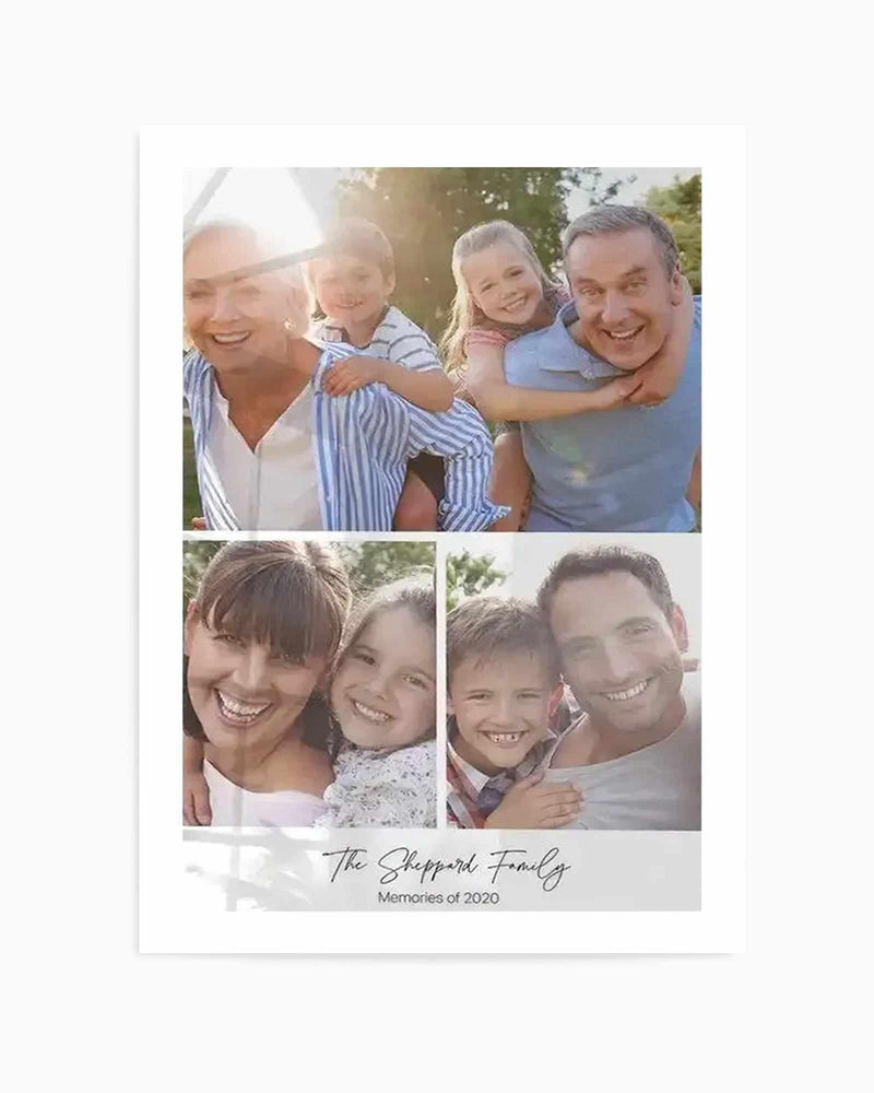 "Portrait art print featuring three family photographs on a white background, with the text 'The Sheppard Family Memories of 2020' in black script at the bottom. The top photograph shows a grandmother and grandfather giving piggyback rides to their grandchildren outdoors, all smiling. The bottom left photo shows a mother and daughter smiling, and the bottom right photo shows a father and son smiling."