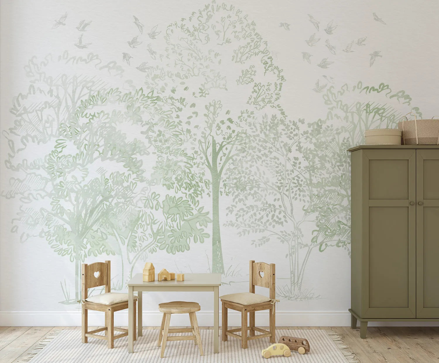 Watercolour Trees in Sage Green Wallpaper Mural from Olive et Oriel where you can shop wallpaper and artworks online