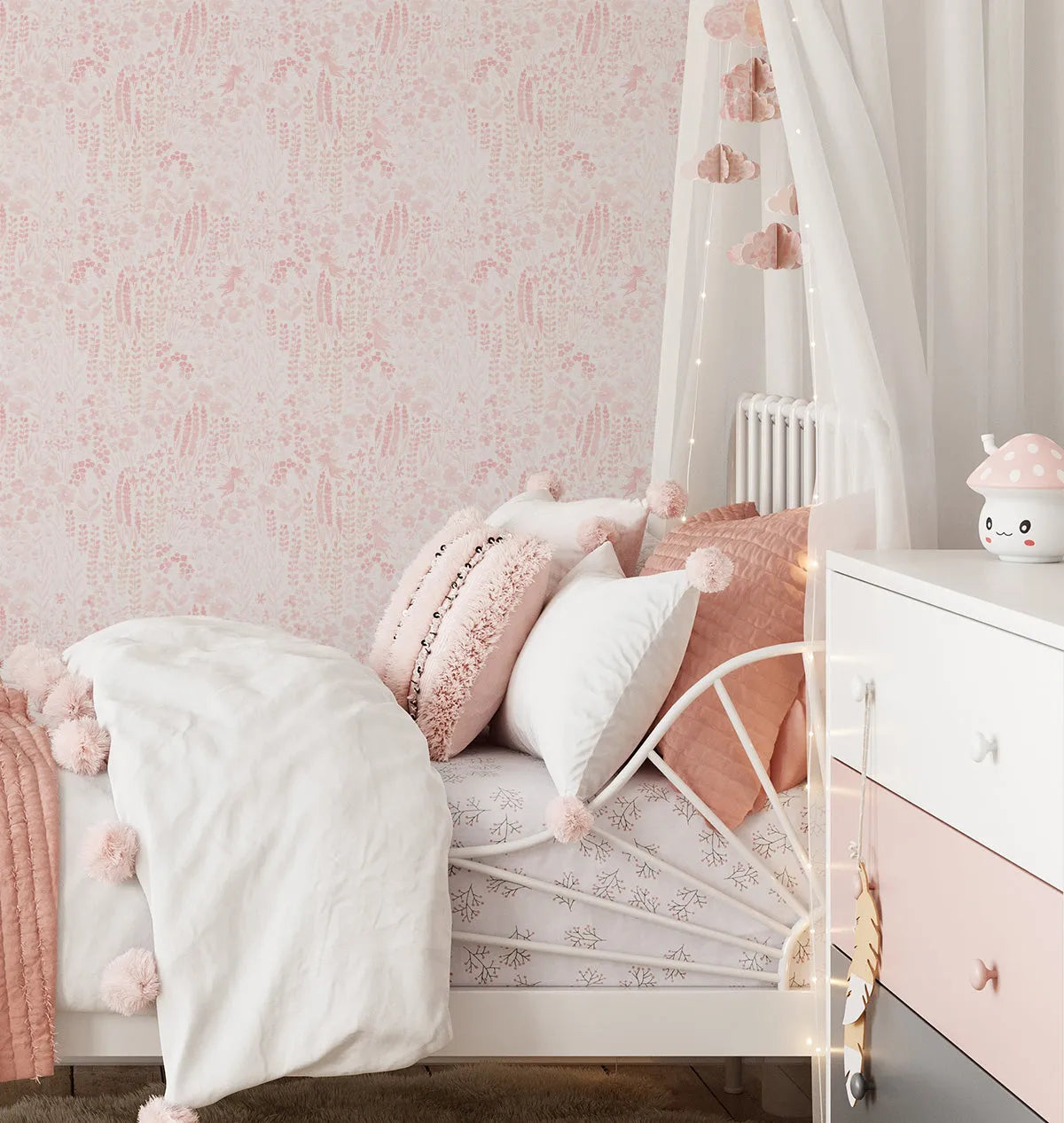 Fairy Flower Garden in Soft Pink Wallpaper from Olive et Oriel where you can shop wallpaper and artworks online
