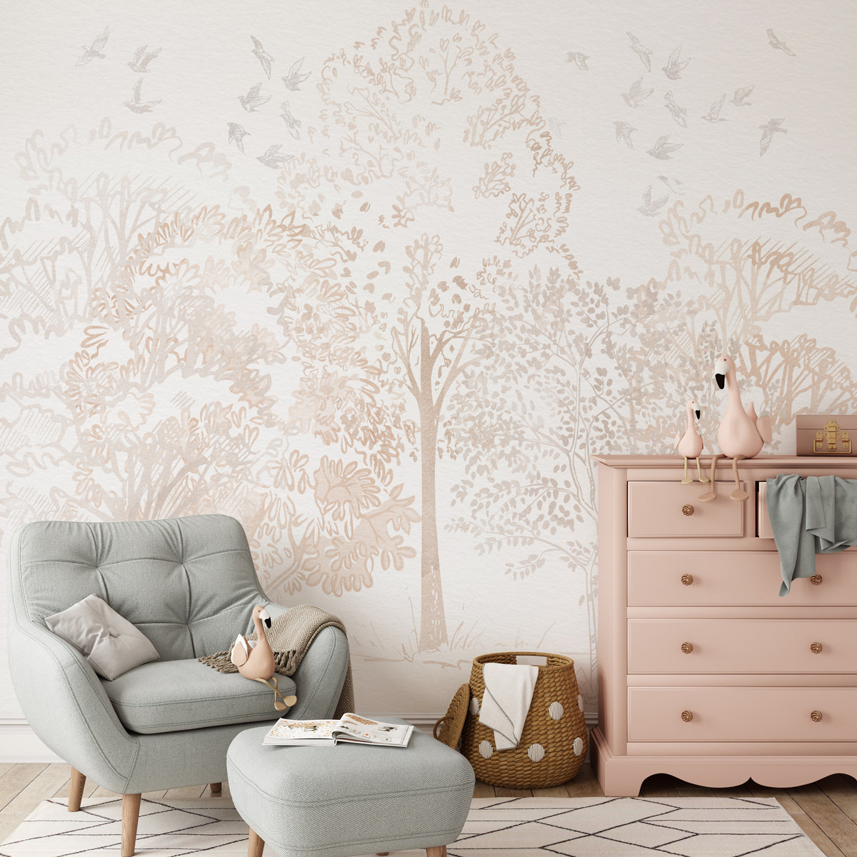 Watercolour Trees in Soft Beige Wallpaper Mural