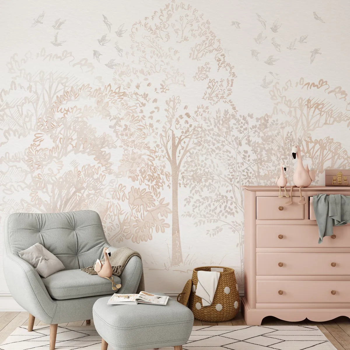 Watercolour Trees in Soft Beige Wallpaper Mural from Olive et Oriel where you can shop wallpaper and artworks online