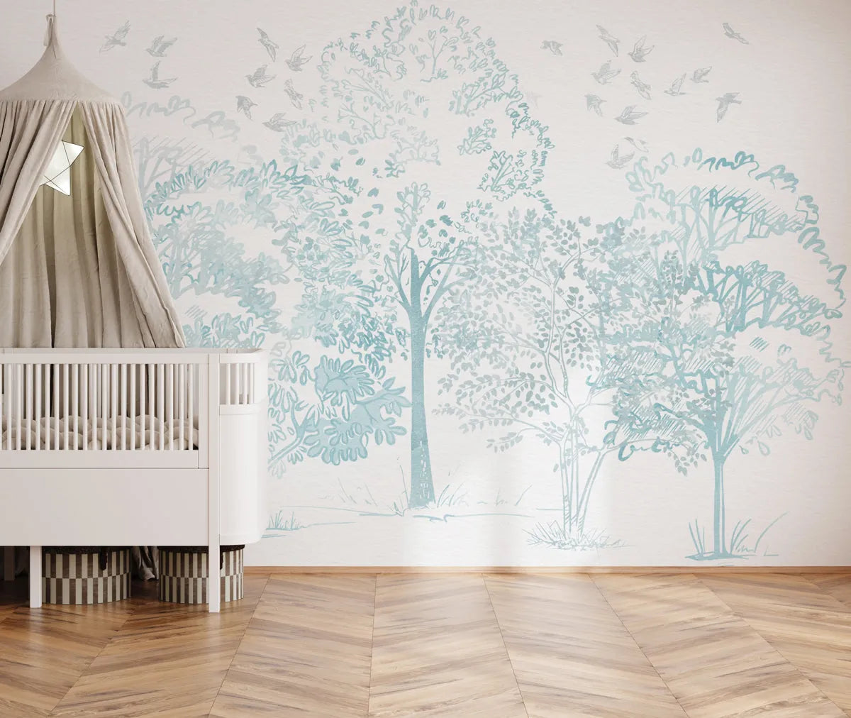 Watercolour Trees in Soft Blue Wallpaper Mural from Olive et Oriel where you can shop wallpaper and artworks online