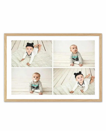 Framed photography art print featuring four separate images of a baby on a white wooden floor with a white textured blanket, displayed in a natural oak frame with white border. The top left and bottom right images show the baby in a white onesie and black bear-ear hat, crawling and looking up. The top right image shows the baby in a grey onesie, crawling and looking up. The bottom left image shows the baby in a grey onesie with a pacifier, sitting and looking forward.