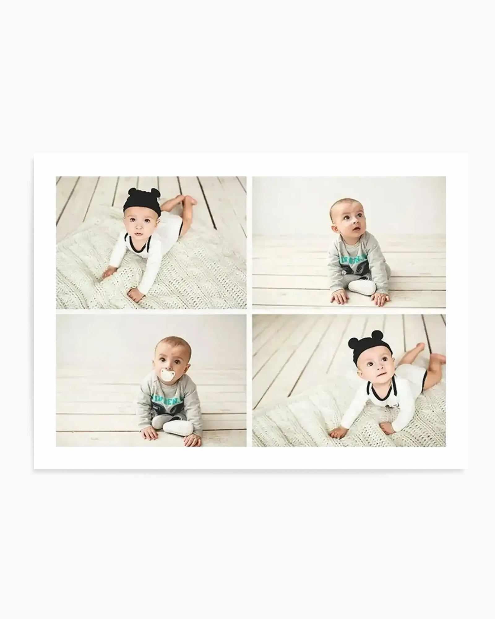 "4 Memories In Landscape art print featuring a grid of four photographs of a baby on a white wooden floor with a white knitted blanket. Top left: baby wearing a black bear-ear hat, crawling and looking forward. Top right: baby in a grey long-sleeved top, sitting and looking up. Bottom left: baby in a grey long-sleeved top with a white pacifier, sitting and looking forward. Bottom right: baby wearing a black bear-ear hat, crawling and looking up."