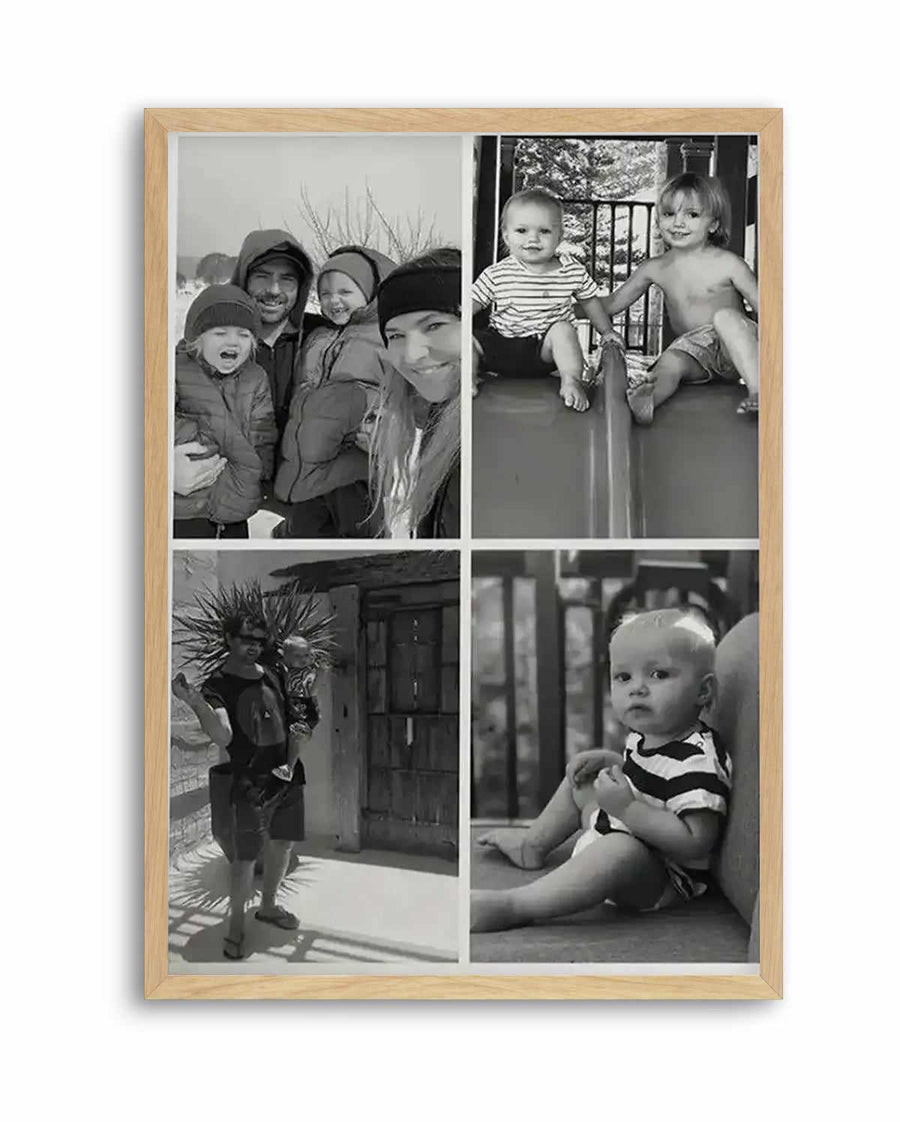 Framed black and white photography art print featuring a four-panel collage of family moments, displayed in a natural oak frame with white border. The top left panel shows a family of four bundled in winter clothes, smiling. The top right panel shows two young children, one in a striped shirt and one shirtless, sitting on a slide. The bottom left panel shows a man holding a baby, standing outdoors. The bottom right panel shows a baby in a striped shirt sitting on the floor.