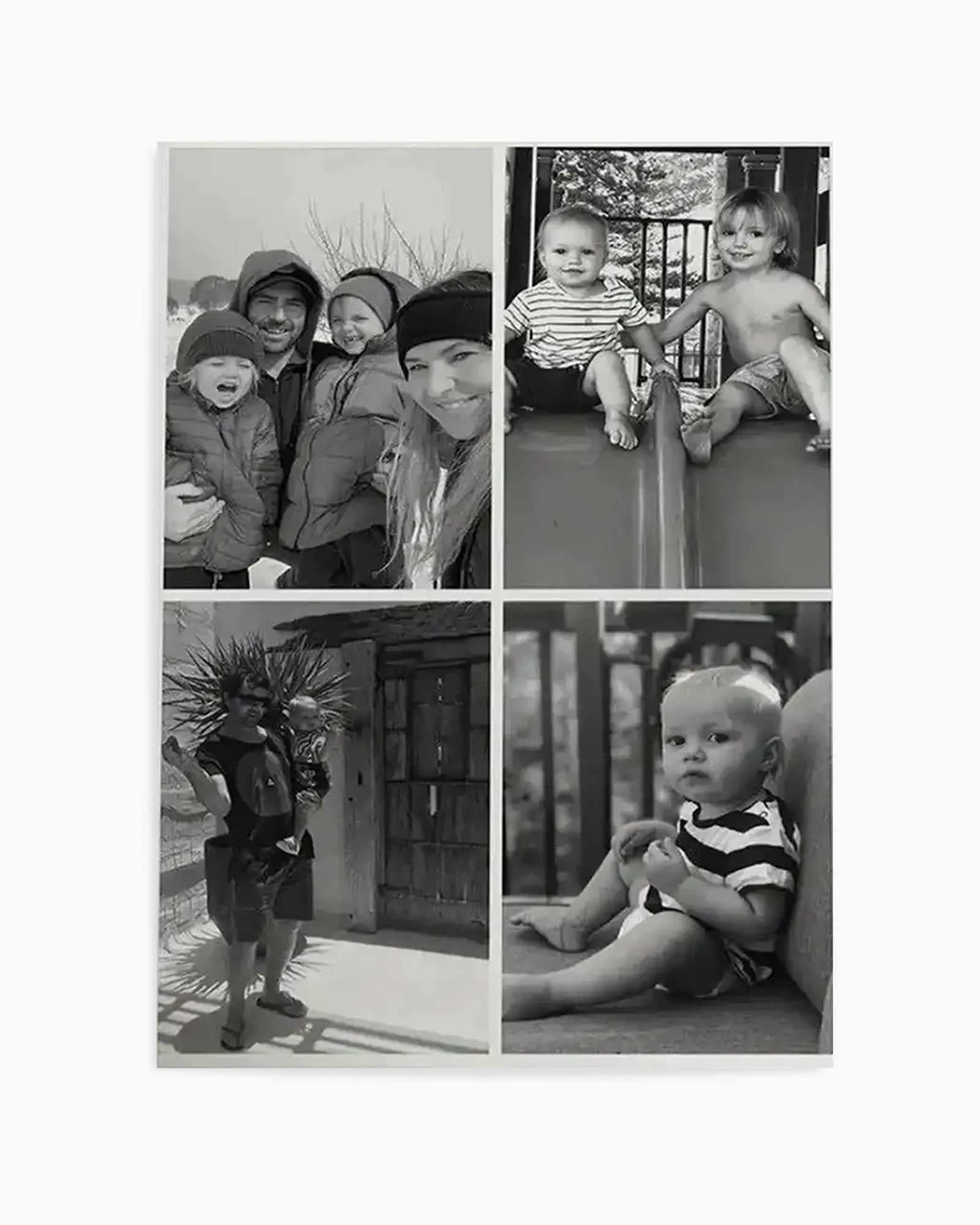 "Four-panel black and white photography art print featuring family moments. The top left panel shows a family of four in winter attire, smiling. The top right panel shows two young children on a slide. The bottom left panel shows a man holding a baby outdoors. The bottom right panel shows a baby sitting on a surface, looking forward. The print has a white border."