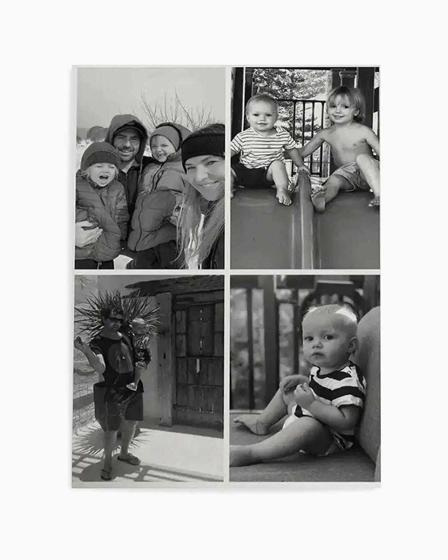 "Four-panel black and white photography art print featuring family moments. The top left panel shows a family of four in winter attire, smiling. The top right panel shows two young children on a slide. The bottom left panel shows a man holding a baby outdoors. The bottom right panel shows a baby sitting on a surface, looking forward. The print has a white border."