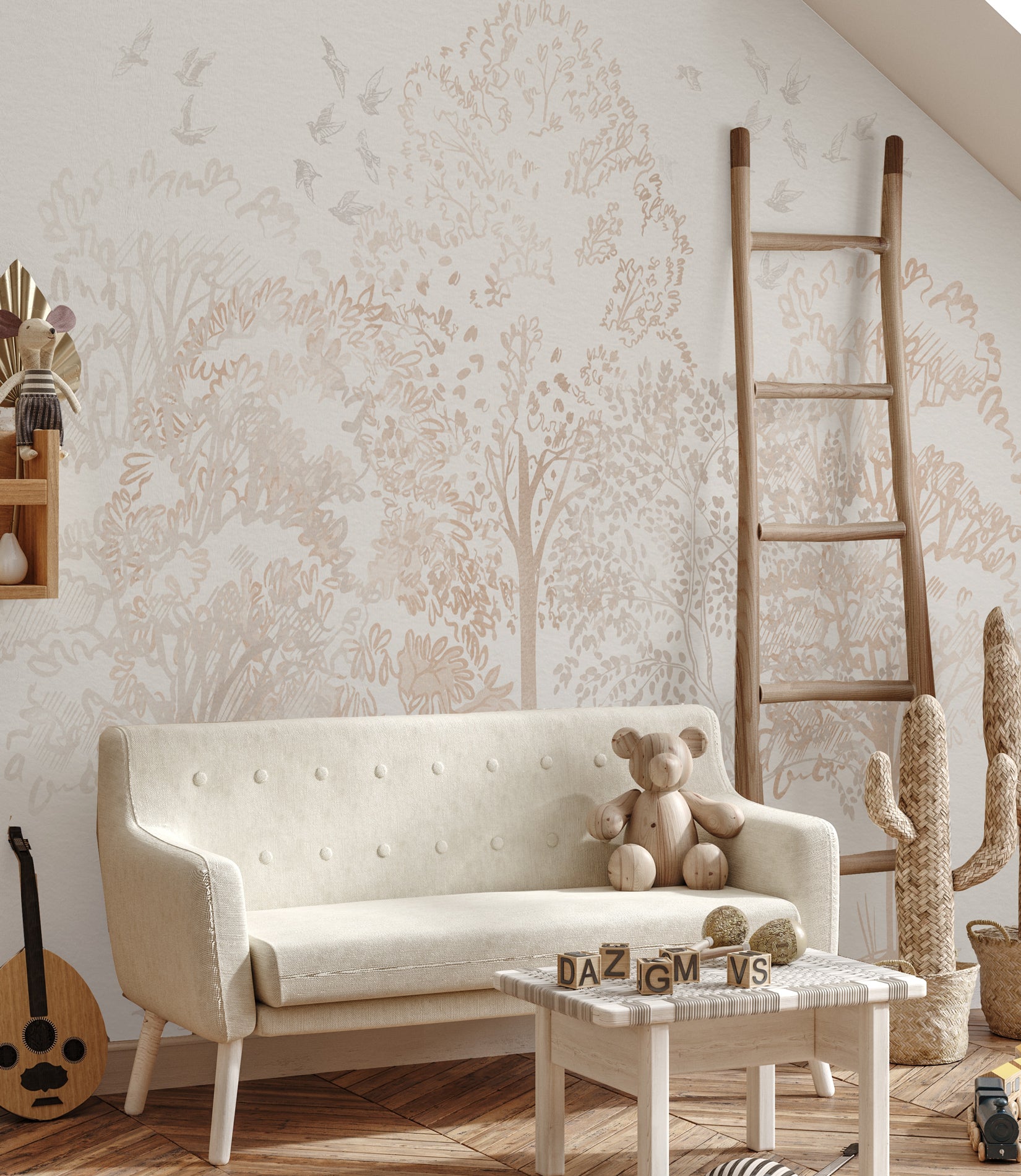 Watercolour Trees in Soft Beige Wallpaper Mural