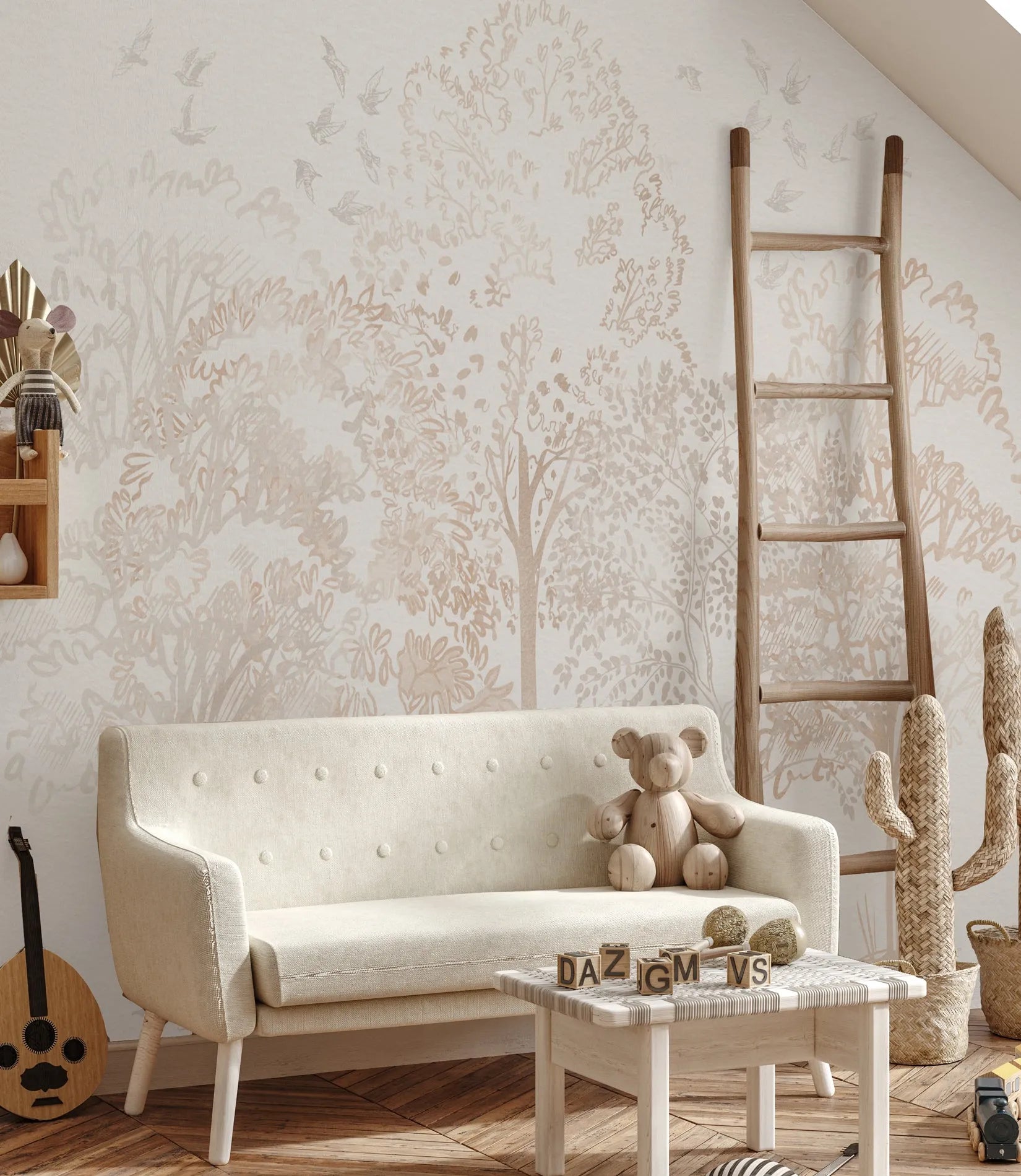 Watercolour Trees in Soft Beige Wallpaper Mural from Olive et Oriel where you can shop wallpaper and artworks online