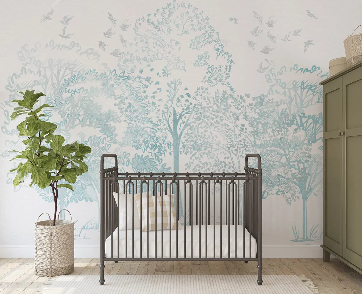 Watercolour Trees in Soft Blue Wallpaper Mural from Olive et Oriel where you can shop wallpaper and artworks online