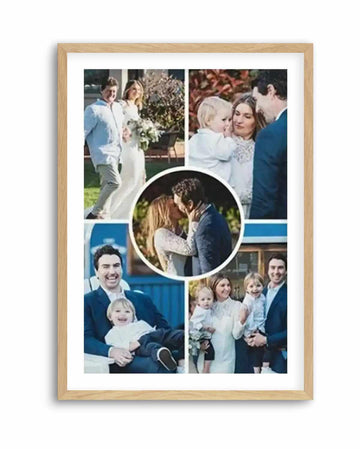 Framed photography art print featuring a collage of five family photos, displayed in a natural oak frame with white border. The central circular photo shows a couple kissing, surrounded by four rectangular photos: a couple walking outdoors, a woman holding a baby with a man beside her, a man holding a laughing child, and a family portrait with two children.