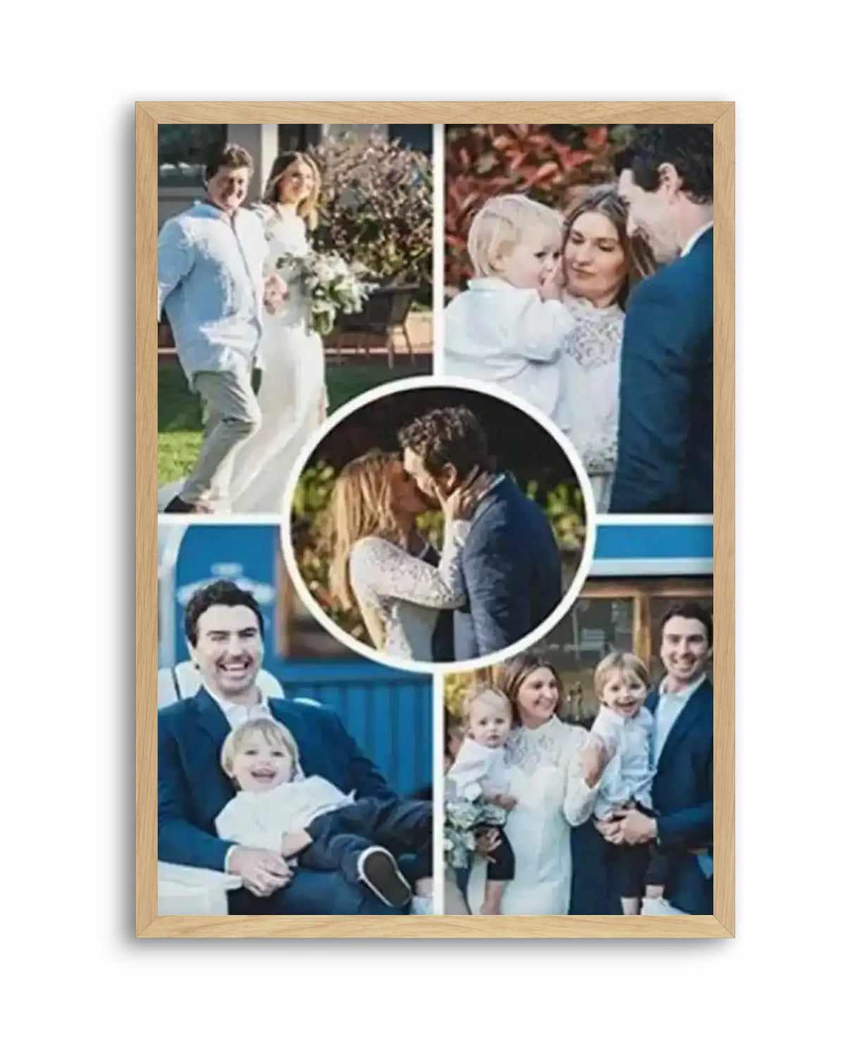 Framed art print with natural wood border displaying a collage of five family photographs arranged around a central circular image. The layout includes candid moments of adults and children in casual and formal settings, with soft natural lighting and outdoor garden backgrounds. The photographs feature people wearing blue and white clothing. White borders separate each photo section. The overall composition has a warm, intimate tone capturing family memories across different occasions.
