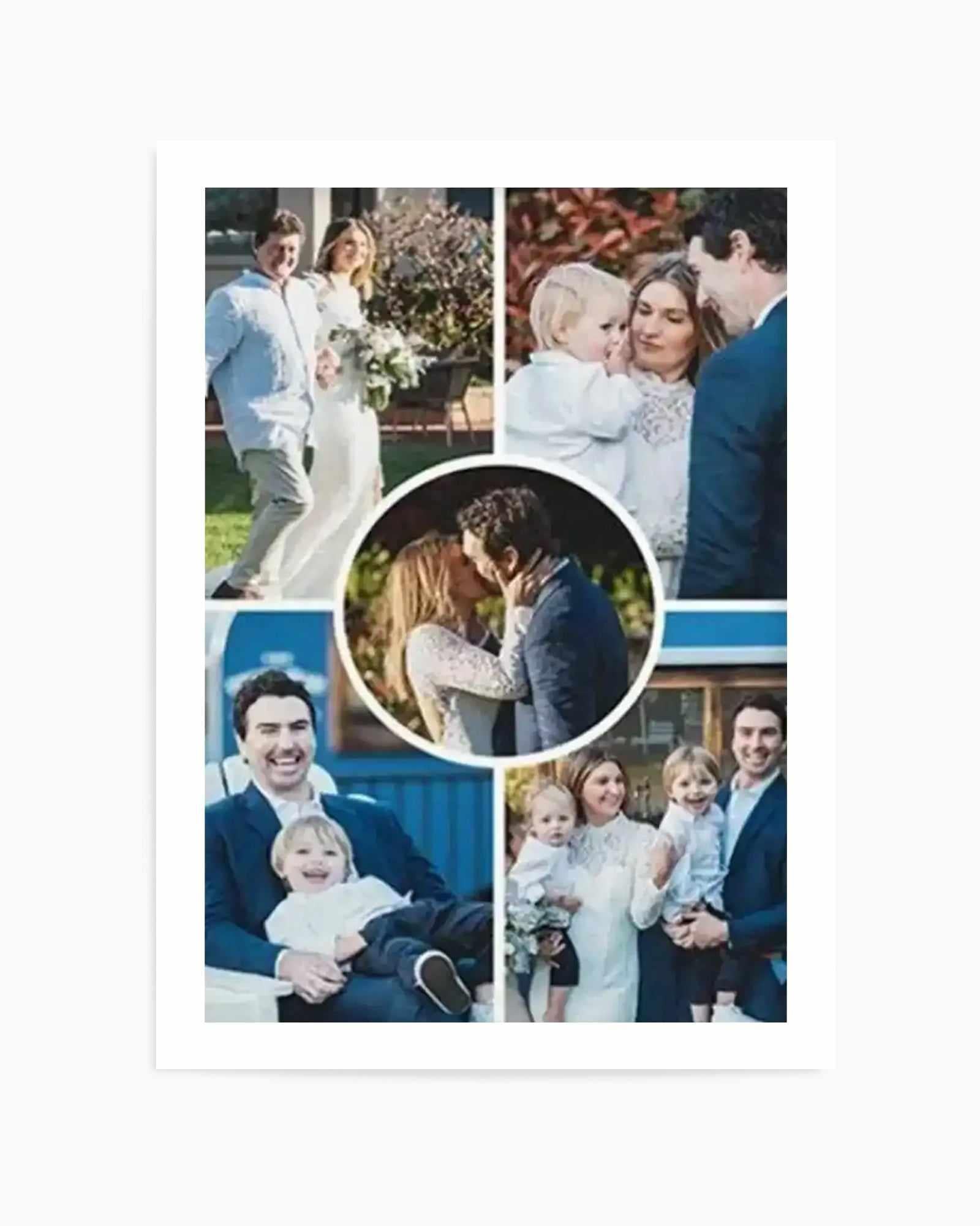 Collage art print featuring five photographs of a family, with a central circular photo of a couple kissing. The surrounding rectangular photos show the couple on their wedding day, the mother holding a baby with the father looking on, the father holding a child, and the whole family together. The photos have a warm, natural light and capture candid moments.