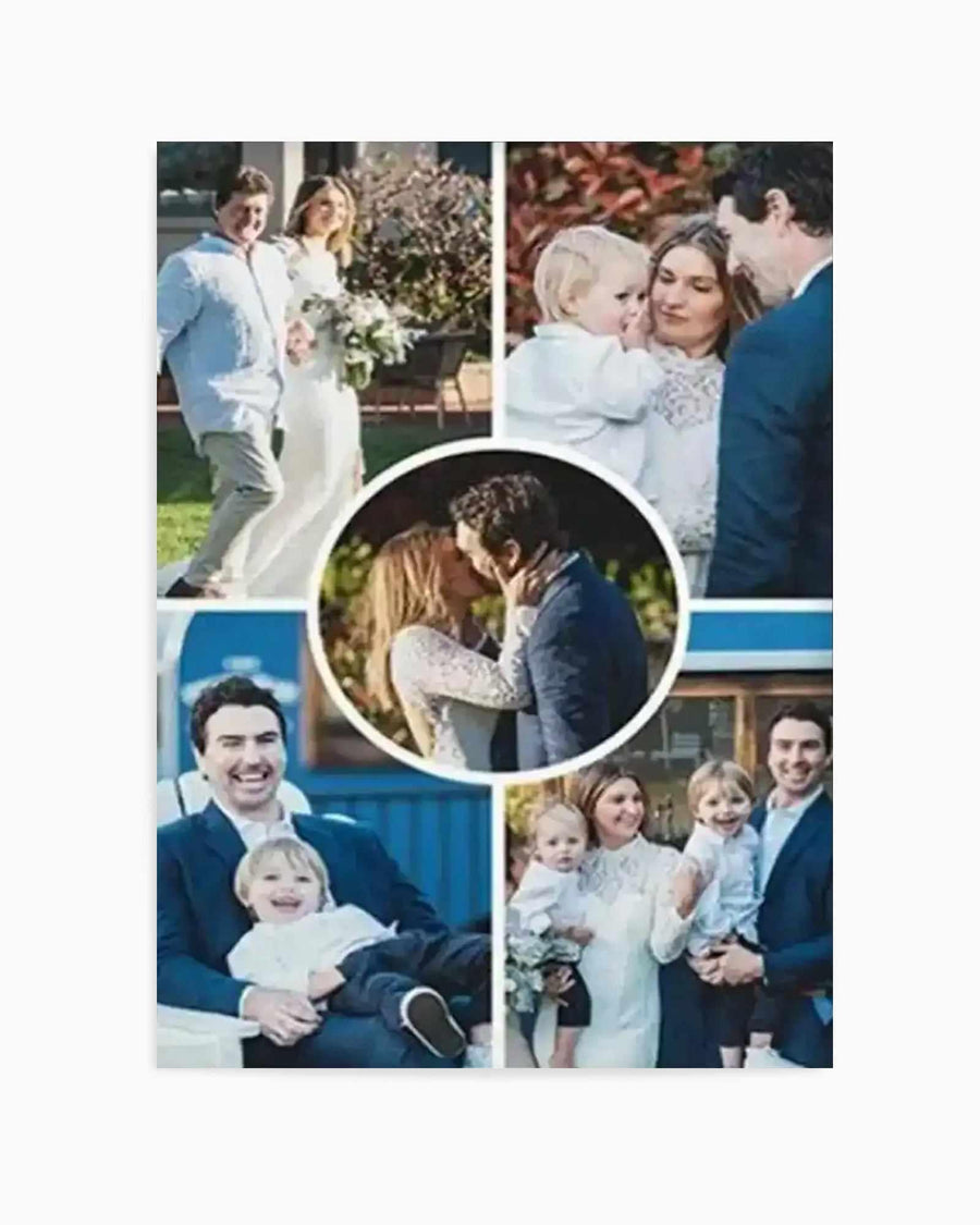 "Collage art print featuring five photographs of a family. The top left shows a man in a light blue shirt and a woman in a white wedding dress holding hands. The top right shows a woman holding a baby and a man looking at them. The center shows a couple kissing in a circular frame. The bottom left shows a man in a suit holding a laughing child. The bottom right shows a family of four, including two children, smiling at the camera."