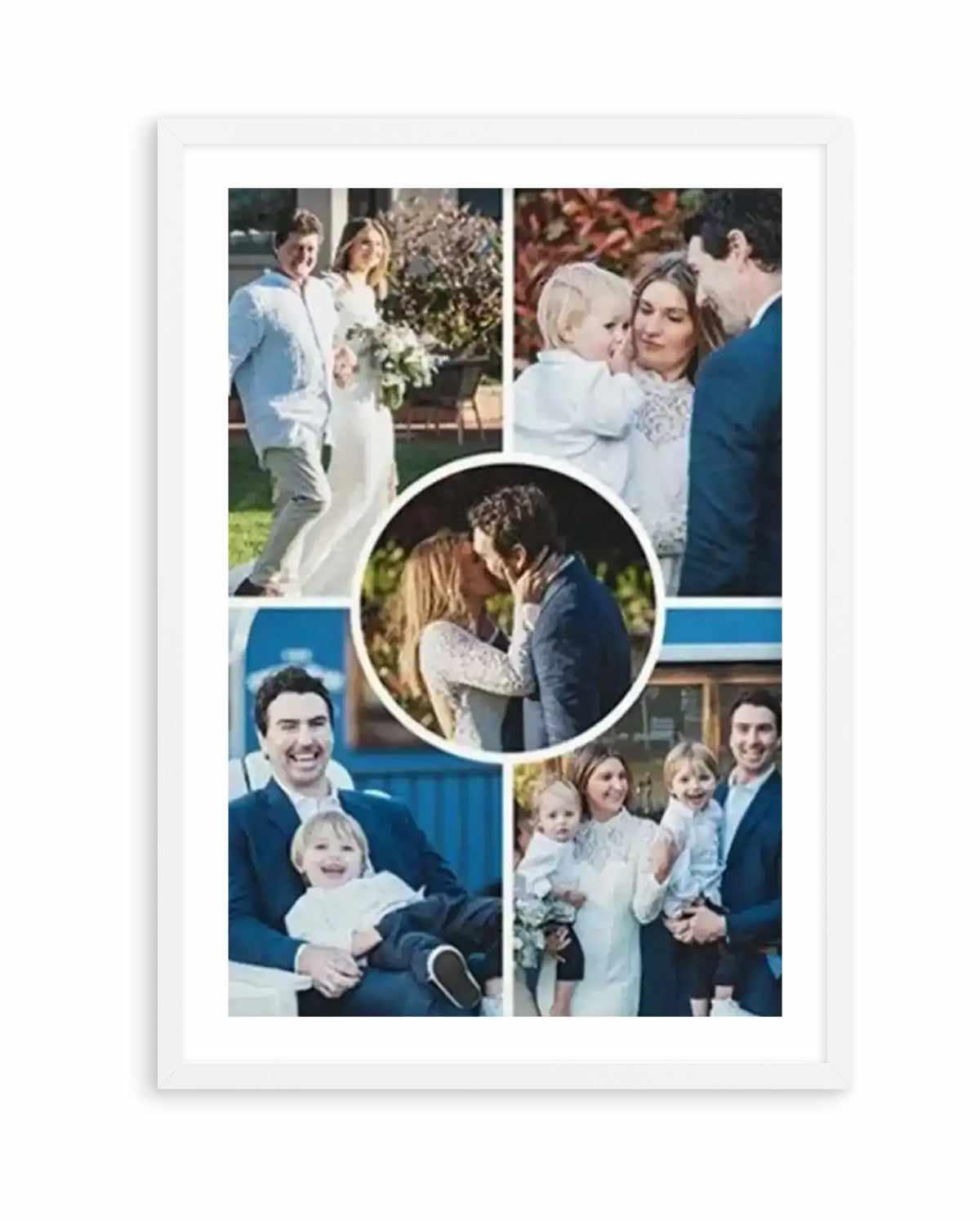 White framed art print displaying five color photographs arranged in a collage layout with a circular centerpiece. The photographs show intimate family moments including couples embracing outdoors, adults with young children, and group family portraits in casual settings with green foliage and blue architectural elements visible in the background. The frame is white with a white border, and the overall composition presents a warm, personal collection of memories in photographic style.