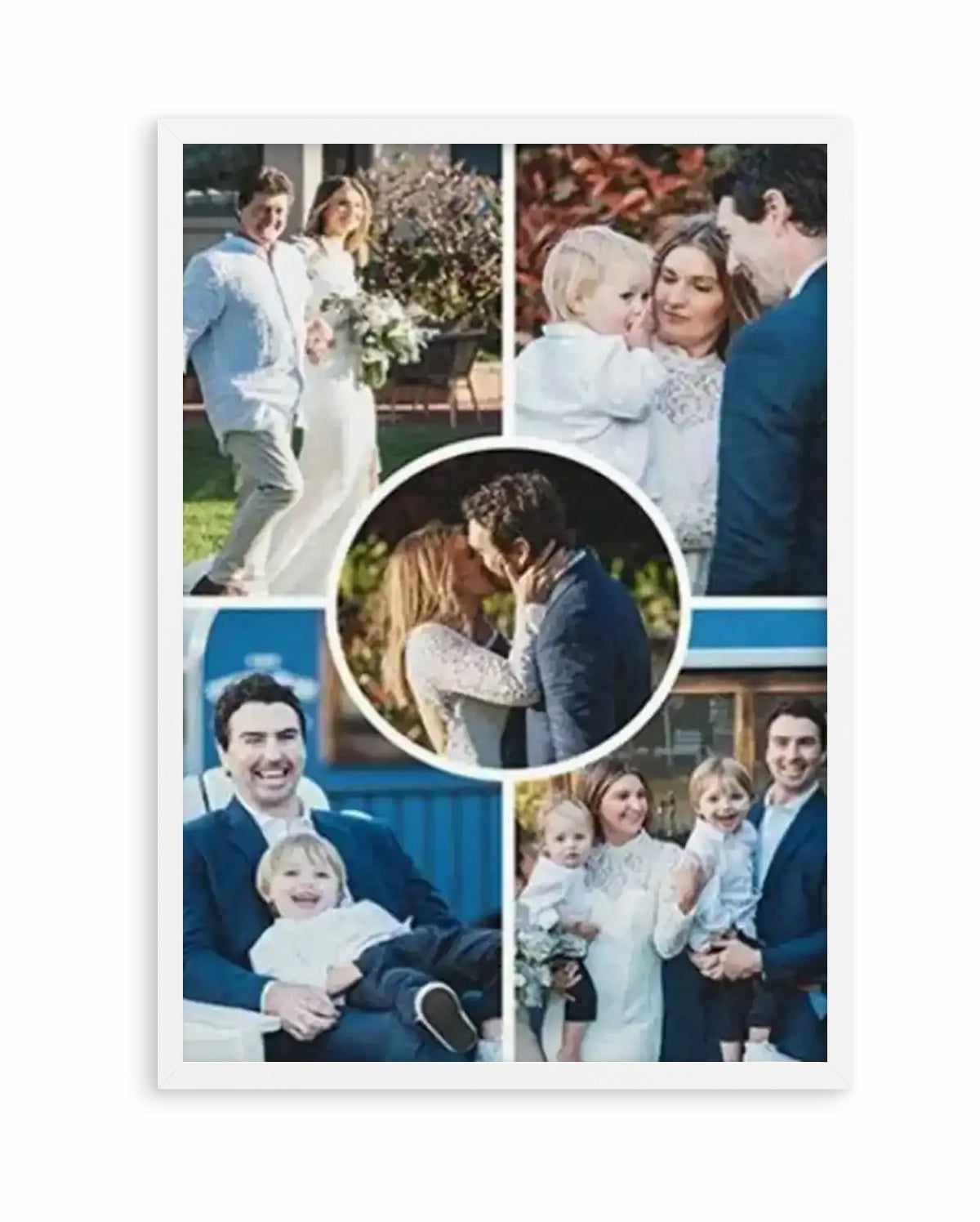Framed photography art print featuring a collage of five family photos, displayed in a white frame with white border. The top left photo shows a man and woman in wedding attire walking outdoors. The top right photo shows a man, woman, and baby outdoors. The bottom left photo shows a man holding a young boy. The bottom right photo shows a man, woman, and two young boys. The center circular photo shows a man and woman kissing.