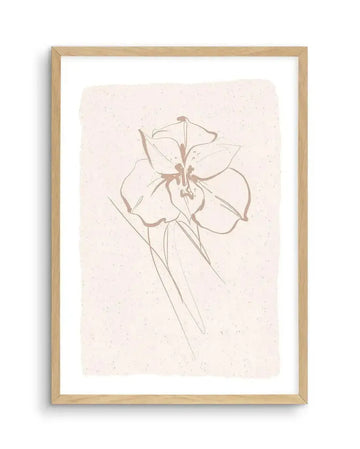 Abstract art print featuring a delicate line drawing of an orchid flower in muted taupe and soft rose pink on a textured pale cream background, displayed in a natural oak frame with white border.