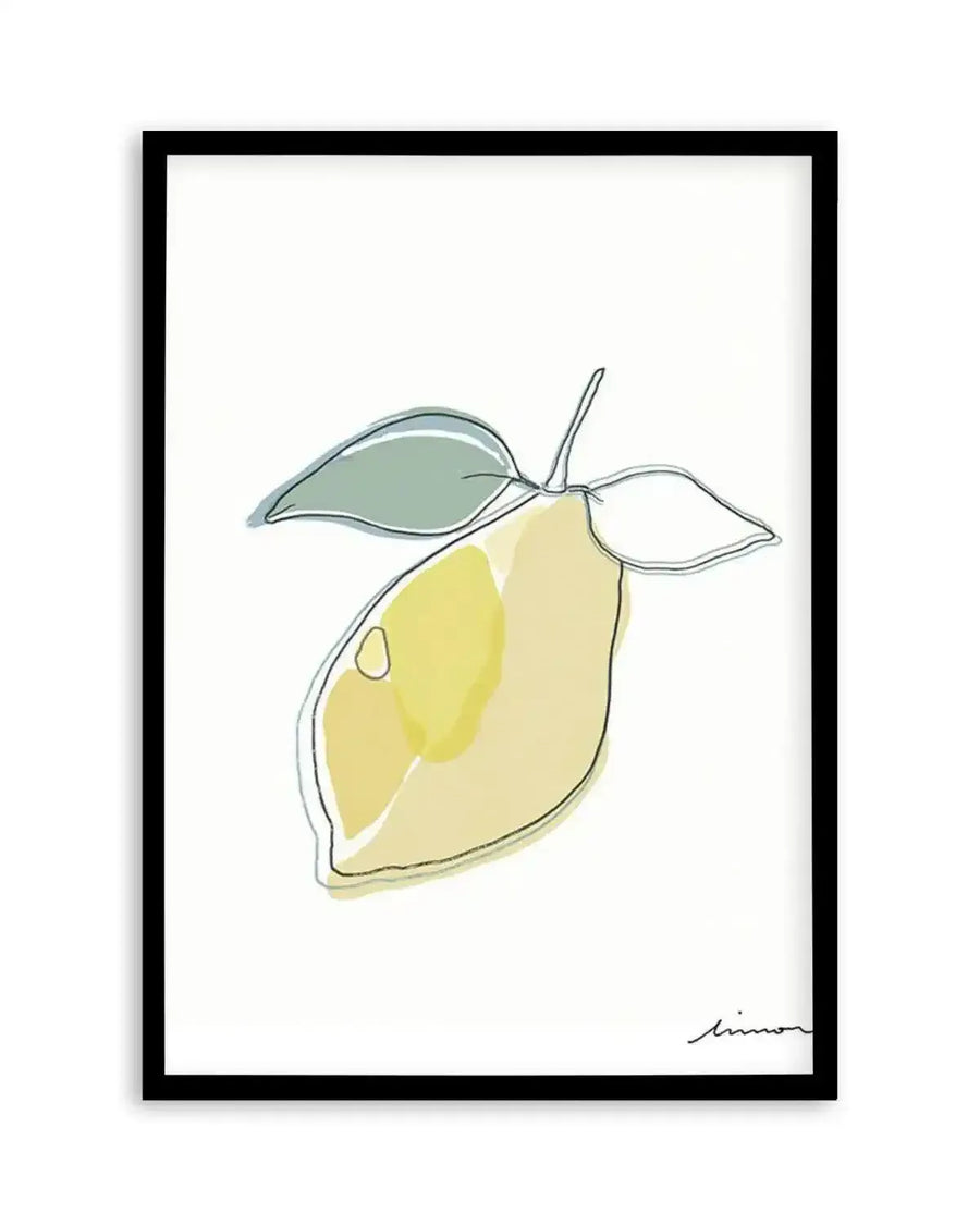 Abstract art print featuring a single lemon with two leaves, rendered in a continuous line drawing style with soft yellow and green watercolor washes, displayed in a black frame with a white border.
