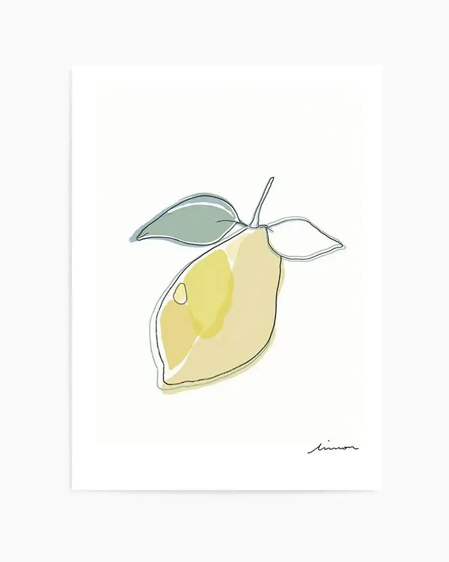 Abstract art print featuring a minimalist illustration of a lemon with two leaves. The lemon is outlined in a thin black line with washes of pale yellow and chartreuse green watercolour filling, and a small white highlight. The two leaves are outlined in black with a wash of muted sage green. The word "limon" is handwritten in black script in the bottom right corner.